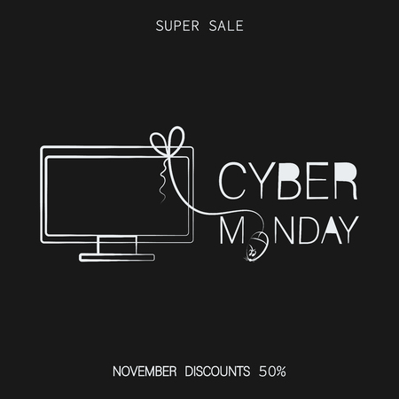 Monitor with a computer mouse and the inscription. CYBER MONDAY. SUPER SALE. November discounts. Deal offer. Template with contrast signs, black and white poster.のイラスト素材