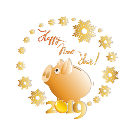 Cute yellow piggy bank in a halo of snowflakes. Yellow piggy symbol of the 2019 year. New year greetings. Light background. Design for a greeting card, poster, advertising, calendar.のイラスト素材