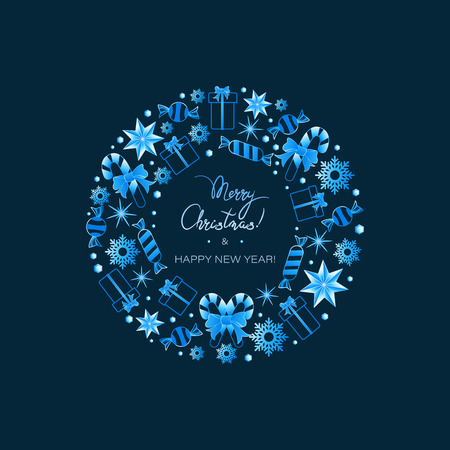 Greeting card with christmas ring with gifts and sweets. Backgrounds and snowflakes on dark background. Design of new year greeting cardのイラスト素材