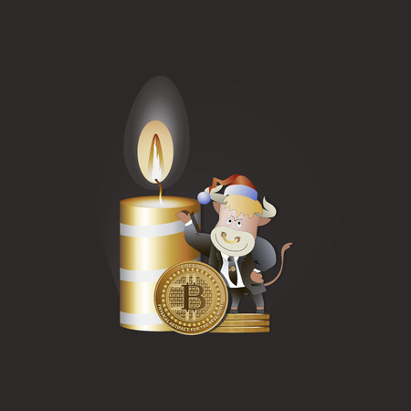 Bull businessman demonstrates the growth of bitcoins. Christmas candle. Cryptography, an illustration of financial technology, a cryptocurrency strategy game. Cartoon style.のイラスト素材