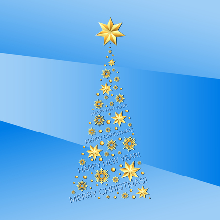 Christmas tree in festive decorations: stars, snowflakes and beads. Light blue background. Christmas card, concert program, invitation card for Christmas events.のイラスト素材