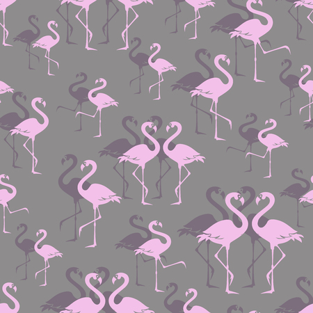 Pink flamingos. Zoo bird park. Seamless pattern. Overlap exotic wading birds. Flamboyance flock on gray bird park. Walking flamingos.のイラスト素材