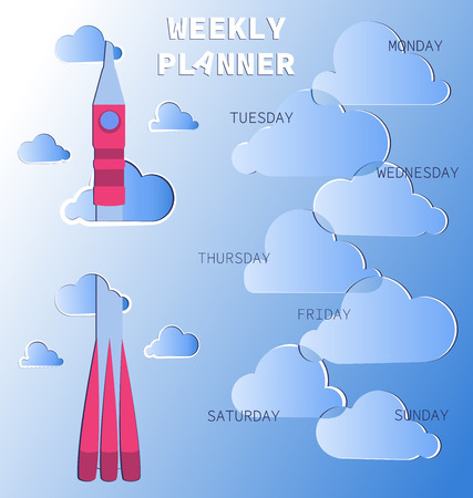 Rocket flying through the clouds. Weekly planner. Schedule. Baby organizer with days of the week and a place for text. Notes frame.のイラスト素材