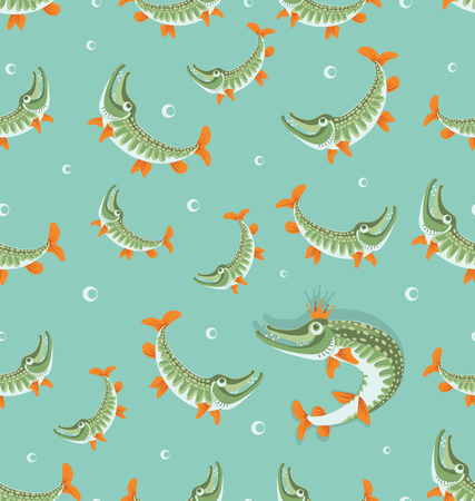 Pikes. Queen pike. Seamless pattern. Great pike. Design for the club of fishing enthusiasts for printing on fabrics or paper.のイラスト素材