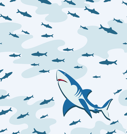Seamless pattern with shark and flocks of fishes. Design for textiles, diving club and spearfishing.のイラスト素材