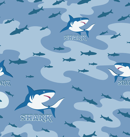 Seamless pattern with sharks swimming among fishes. Designed for textiles, themed background site, diving club and scuba hunting.のイラスト素材