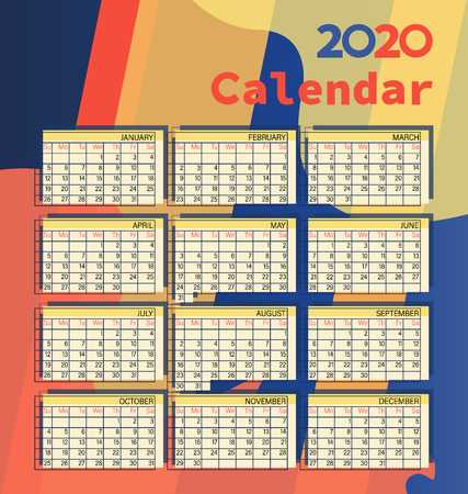 Calendar 2020. Vector template. Colorful English calendar. The week starts on Sunday. Set 12 months.のイラスト素材