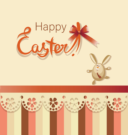 Running Easter Bunny. Happy easter. Poster, postcard with a funny character, bow and lace. Design for textiles, gift bags.のイラスト素材