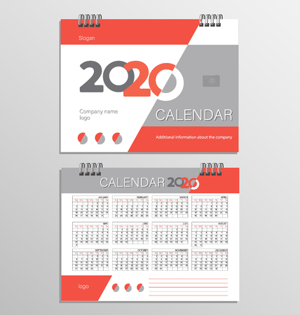 Desk calendar template for 2020 year. Set of 12 months calendar. Planner. Week starts on Sunday. Stationery design. Advertisement. Business brochure.のイラスト素材