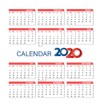 Calendar 2020 year simple style. Week starts from Sunday. Vector template. Set of 12 Months.のイラスト素材