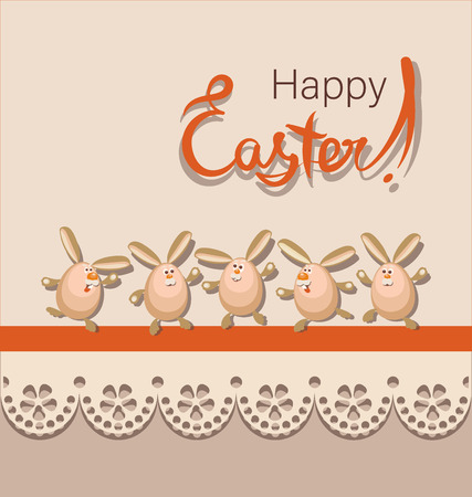 Funny Easter hares. Happy easter. Poster, card with funny characters, bow and lace. Design for textiles, gift bags.のイラスト素材