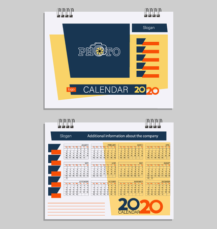 Calendar 2020 with place for photo. Week starts with sunday. Design pattern with yellow, red and blue colors on a light background. Desktop calendar template.のイラスト素材