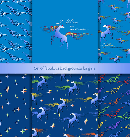 Unicorn. Set of fabulous backgrounds for girls. Design for textiles, packaging materials, background image. Set with emblem and five patterns.のイラスト素材