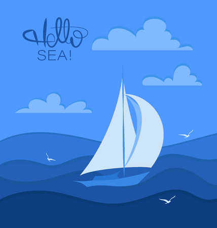 Hello, sea. Sailboat and seagulls. Stylized sailboat on the waves. Design for banner, poster, print.のイラスト素材