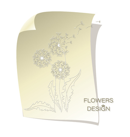 Delicate dandelions. Flying in the wind. Flower design. Banner, poster, card with silhouettes of dandelions on a sheet of paper. Flying parachutes dandelion.のイラスト素材