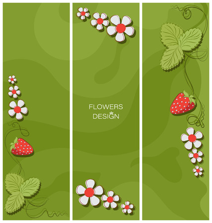 Strawberry triptych. Flower design. Banner, poster, greeting card design. Space for text, stylized flowers on an abstract background.のイラスト素材
