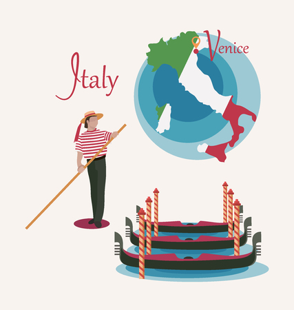 Italy map. Venice. Gondolas and gondolier. Set. Invitation to travel in Italy. Italian male profession. Design elements for tourist poster. Image isolated on white background.のイラスト素材