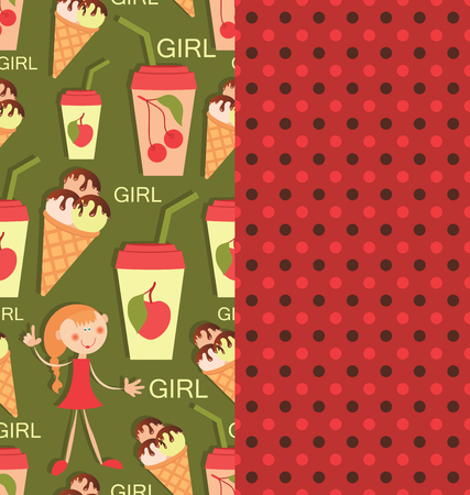 Girl, juice and ice cream. Set of two seamless patterns for baby textiles. Background image for restaurant and cafe menus, shops, design of textile and packaging materials.のイラスト素材
