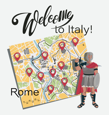 Map of Rome. Gladiator. Set. Invitation to travel to Italy. Roman warrior character in armor with a sword and shield. Planning to move with location markers on the map. Tourist poster.のイラスト素材