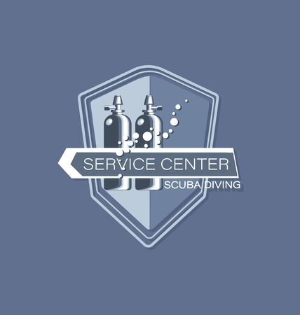 Diving cylinders with ribbon. Scuba diving. Service center. Emblem on a gray background. The concept of sports diving.のイラスト素材
