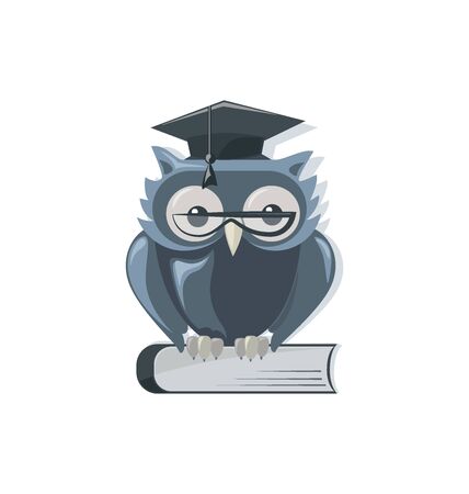 Owl in glasses and a graduate hat on the book. Wise Owl Logo, logotype. Schools, libraries, stationery, planner, organizer.のイラスト素材