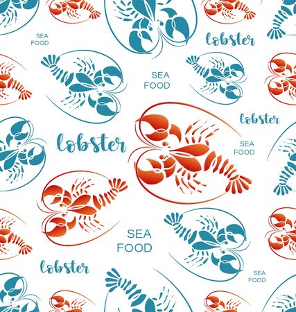 Lobsters. SEAFOOD. Seamless pattern. Symbol and inscription. Background image for restaurant, bar, shop, processing plant, packaging design.のイラスト素材