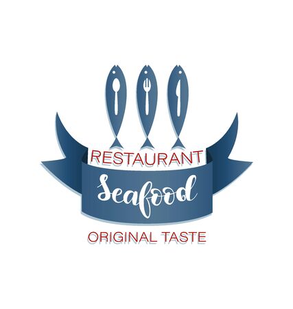 Three big fishes. Seafood. ORIGINAL TASTE. RESTAURANT. Lettering on blue tape.のイラスト素材