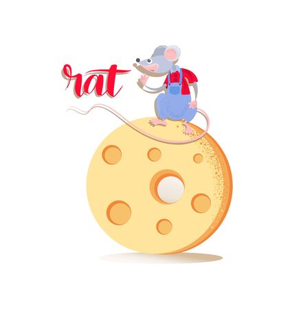 Cute rat sitting on the cheese. Funny mouse. Isolated on white background. Animal, rodent. Year of the rat. Chinese horoscope.のイラスト素材