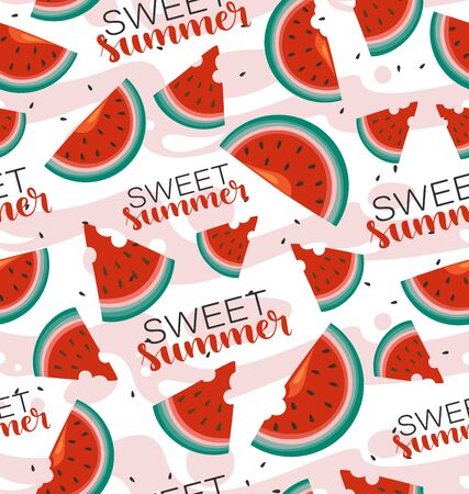 Sweet summer and ripe watermelons. Seamless pattern with slices of juicy watermelons. Background image for a thematic site, textile, shop, packaging design.のイラスト素材