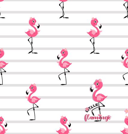 Cute little flamingos on a striped background. Seamless pattern with pink birds. Good for children's t-shirts, textiles, gifts, holiday party decoration.のイラスト素材