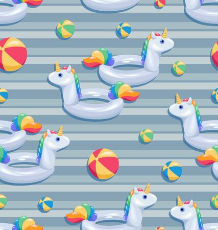 Unicorns and balls. An inflatable pool ring in the shape of a white unicorn and multi-colored balls. Seamless pattern. Design for summer textile, beach season by the pool, on the seashore, ocean.のイラスト素材