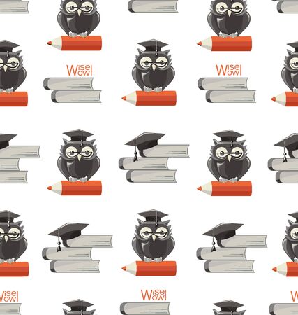 Wise owl with a book and a red pencil. Seamless pattern. Image of a gray owl for the design of textiles, stationery, planner, organizer, notebook.のイラスト素材
