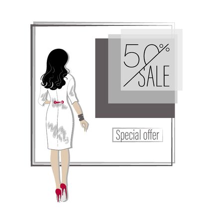 Fashion sale banner with woman fashion silhouette. Sale. Special offer. Online shopping social media ads web template with beautiful young woman.のイラスト素材