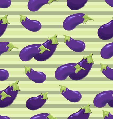 Eggplant Harvest eggplant. Seamless pattern. Fresh ripe eggplant with green stalks isolated on a white background. Vegetarian food.のイラスト素材