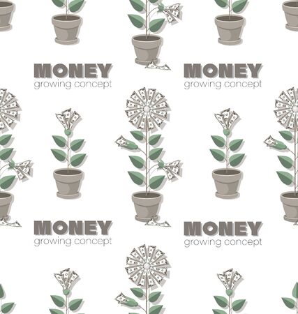 Money vector background. Money trees, dollar bills. Dollars banknotes. Money growing concept. Cash Transfer Economic or market growth, investment revenue, benefit. Seamless pattern.のイラスト素材