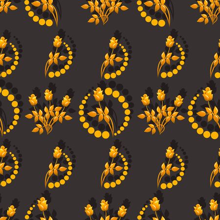 Flowers. Golden Rose. Vector background with a bouquet of roses. Pattern on a black background. Seamless pattern with golden flowers. Floral motif for decorating a festive party, textiles, gift wrapping.のイラスト素材