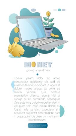 Cash. Money background. Piggy bank, laptop, money tree with gold coins. Business concept. Vector illustration with coins, plant in a flower pot. Template for social networks, banner, presentation.のイラスト素材