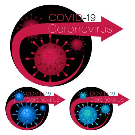Covid-19. Coronavirus 2019 warning. . Warning sign, symbol, icon. Set. Protection. Vector illustration for science and medical use, informing, preventing spreading infections.のイラスト素材