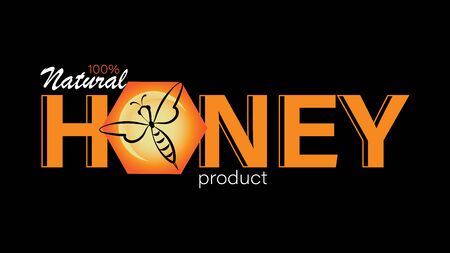 Natural honey. Business card, emblem, label. Linear bee  , honeycomb and the inscription on a black background.のイラスト素材