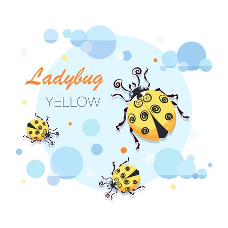 Ladybug, ladybird. Vector cartoon character. Emblem. Cute yellow ladybugs on a background of the sky with clouds.のイラスト素材