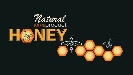 Honeycomb, swarm bees. Honey background. Emblem, label, business card. Linear bee  , honeycomb and the inscription.のイラスト素材