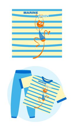 Cat Sailor. MARINE FOREVER. Set. Cartoon cat on the background of a striped sailors shirt. Vector illustrationのイラスト素材