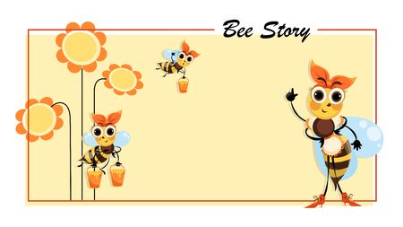 Bee Story. Hostess bee. Flowers honey. Swarm of bees collects honey. Poster with cute cartoon characters.のイラスト素材