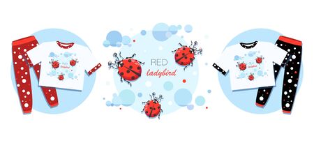 Pajama Party. Ladybird. Emblem. Cute red ladybugs on a background of the sky with clouds. Set. Sweet dreams.のイラスト素材