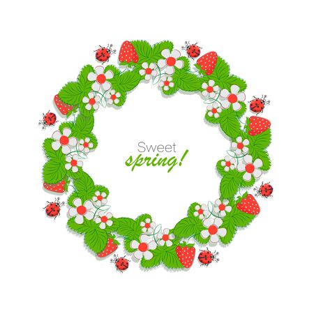 Sweet strawberries. Spring wreath. Vector background, poster, frame or emblem.のイラスト素材