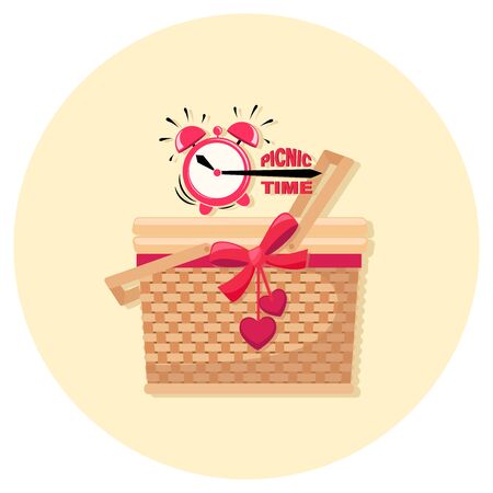 Basket lunch. PICNIC TIME. Alarm clock. Picnic at the park. Bbq time. Vector illustration isolatedのイラスト素材