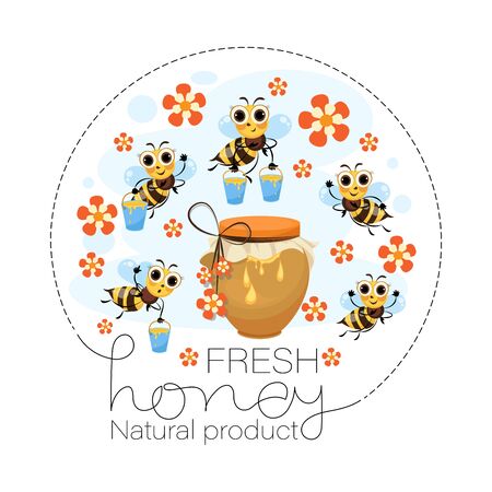 Fresh flower honey. Swarm of bees. Vector honey label, emblem. Funny cartoon charactersのイラスト素材