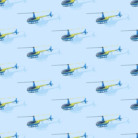 Civilian helicopters fly. Helicopter drawing. Vector themed background. Flat style. Seamless patternのイラスト素材