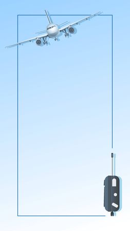 Air travel. Poster, background. Airplane, suitcase and place for text. Flat style.のイラスト素材