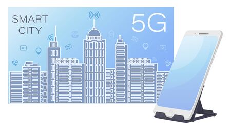 SMART CITY. 5G wireless network and smart city concept. Sky and skyscrapers of a modern metropolisのイラスト素材